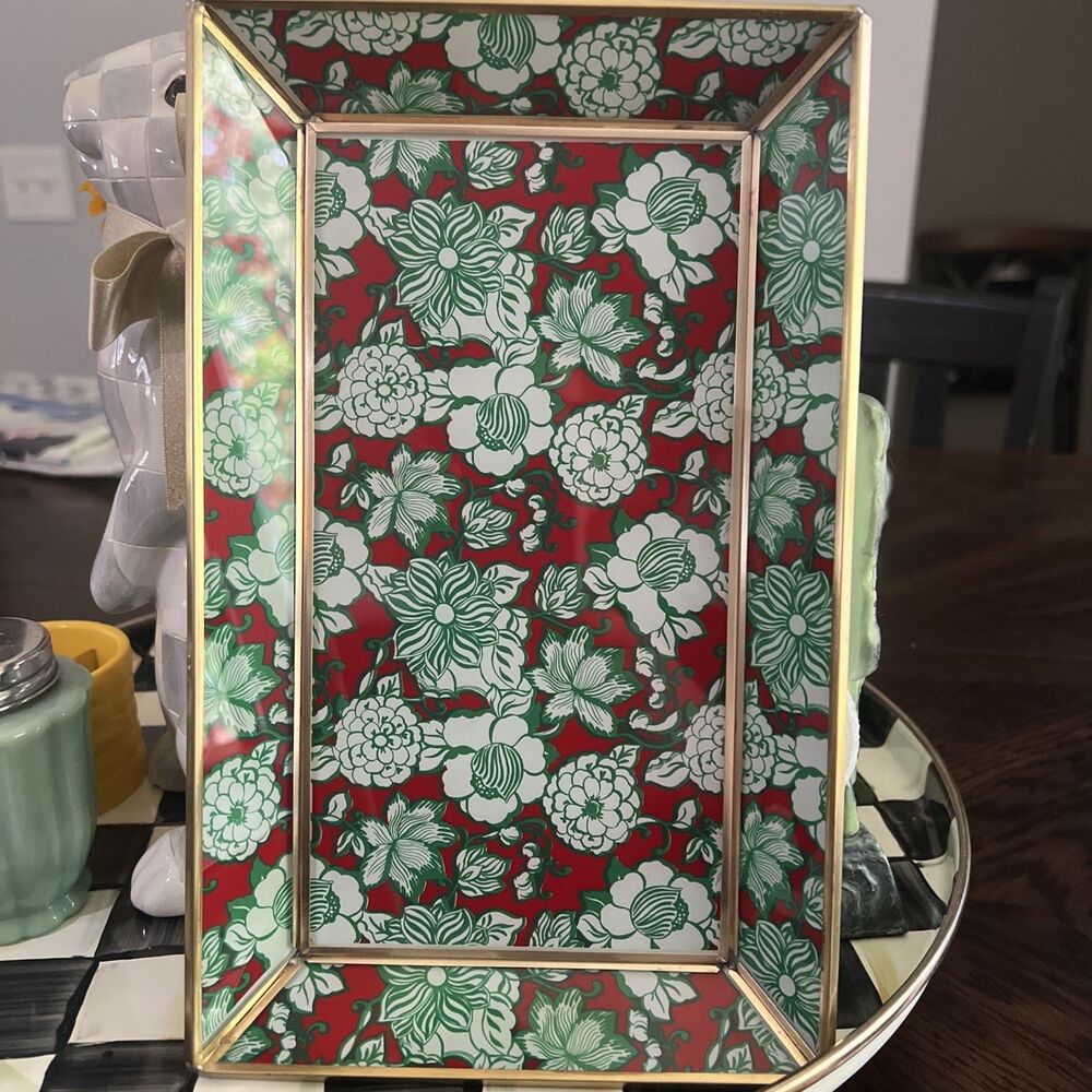 MacKenzie Childs Winter Bouquet Brass Glass Medium Tray  10" x 6.5” Trinket Dish